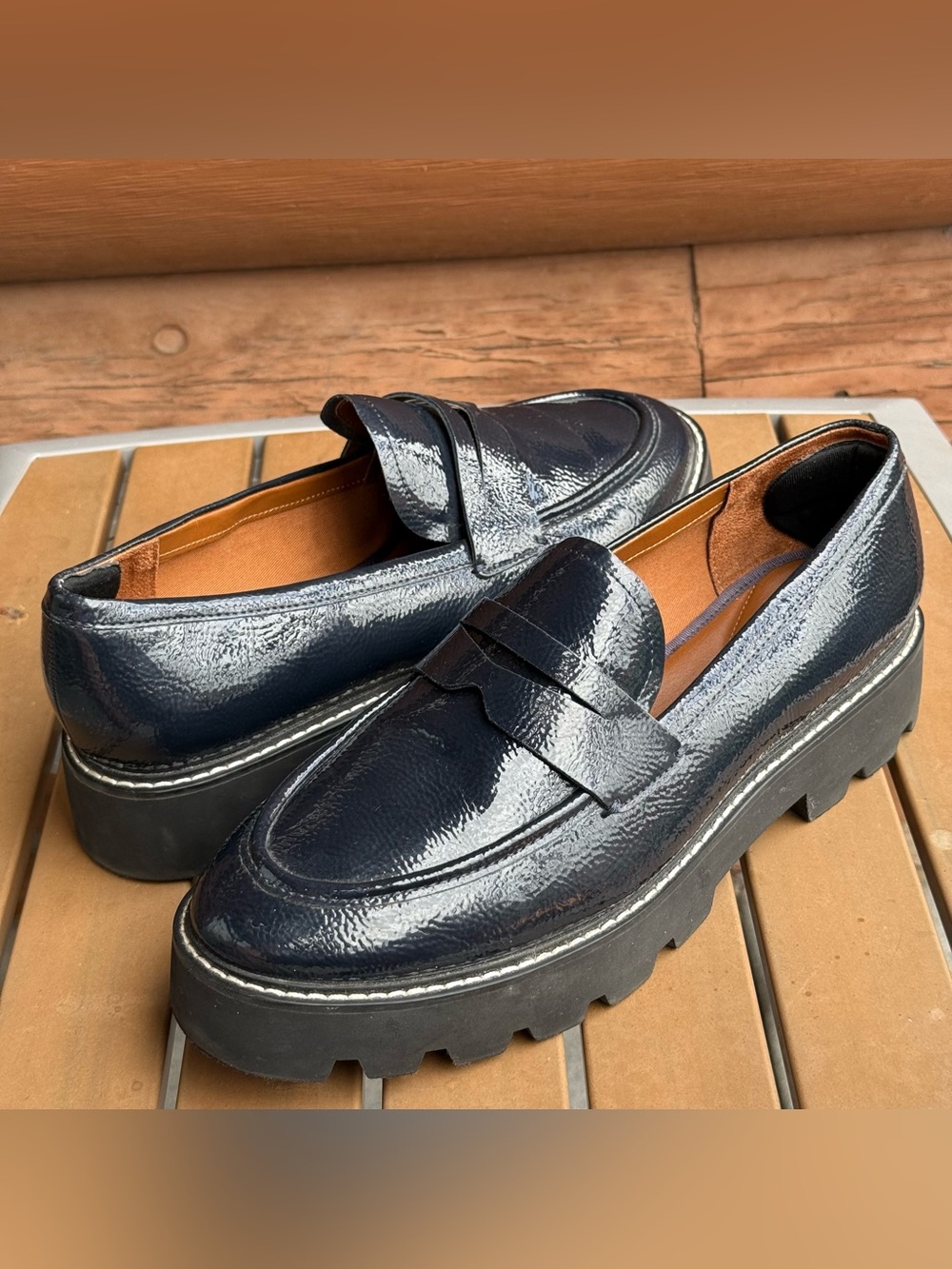 Franco Sarto Navy Patent Chunky Lug Sole Penny Loafers Women’s 11W - Picture 8 of 8
